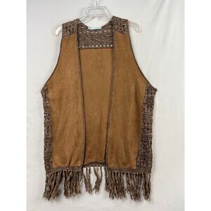 Maurices Crochet Fringe Vest Womens Large Brown Faux Suede Boho Excellent 17931